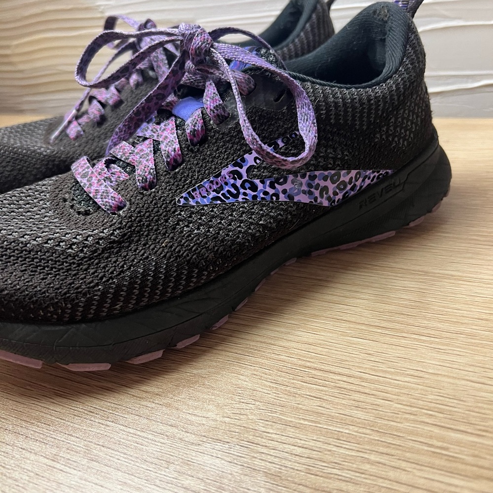 Brooks Revel 5 Black Purple Ebony Leopard Athletic Running Sneakers Size 6
